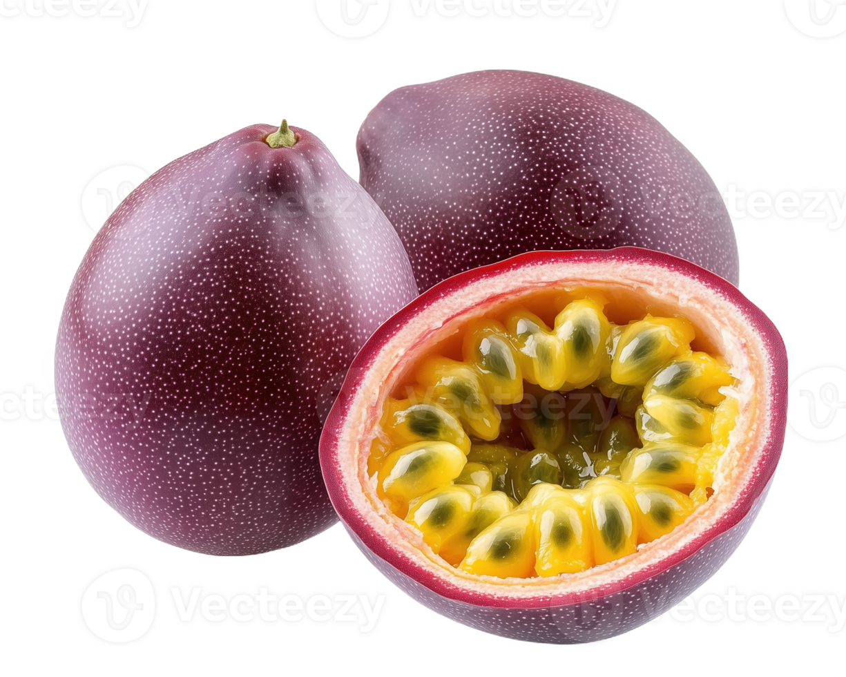 Freshly sliced purple passion fruit showcasing vibrant seeds and unique texture png