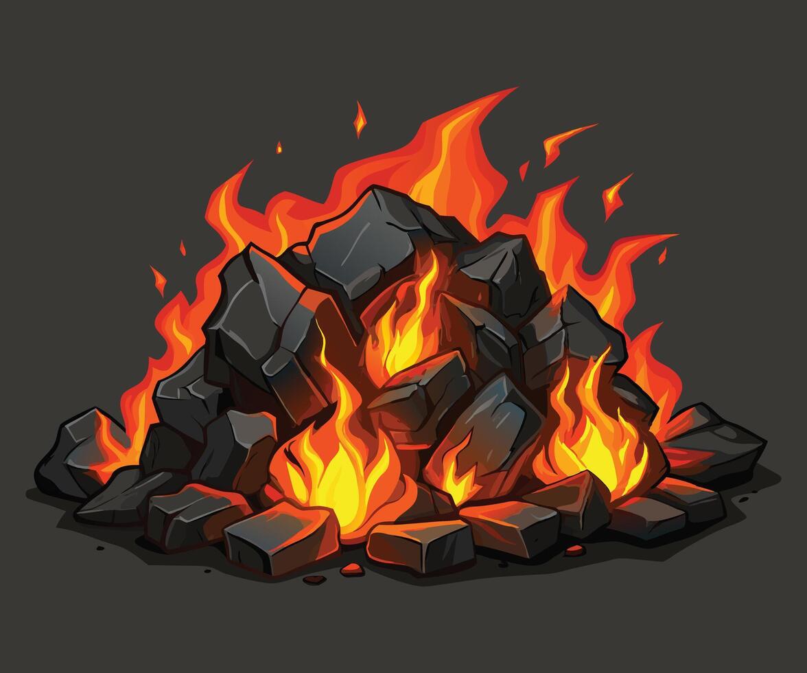 bright flame fire on coals heap vector