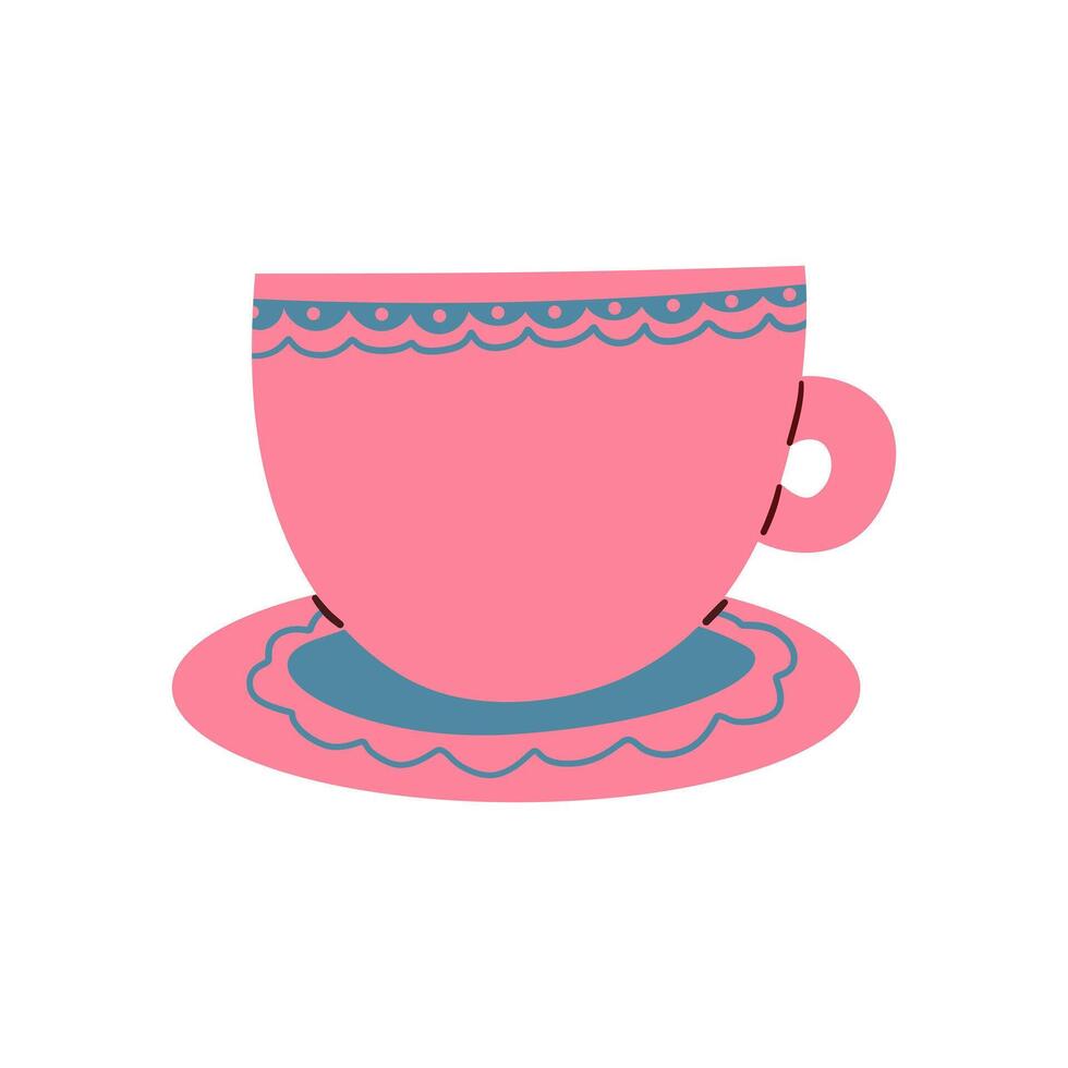 Pink vintage cup illustration. Cartoon vintage teacup for afternoon tea ceremony party or breakfast, retro flower, leaf, stripes hand drawn pattern on cup and mug vector