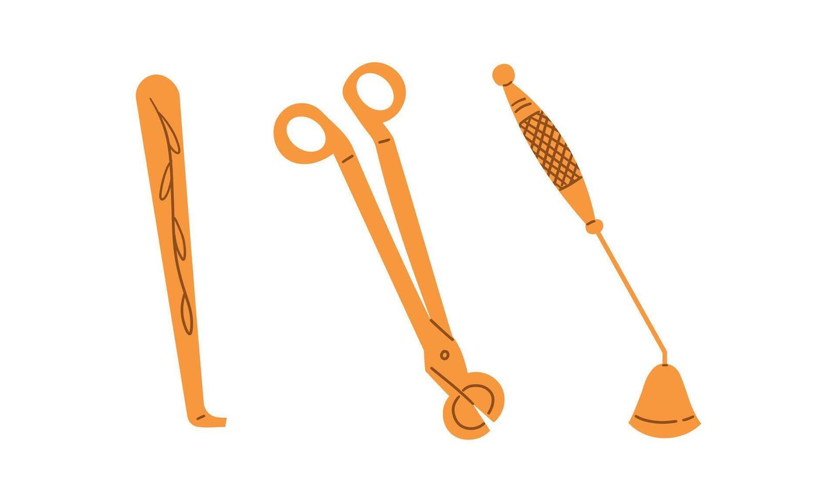 Set of accessories for candles. Wick , electric lighter, candle extinguishing, wick ladle. illustration isolate on white , hand drawn illustration. vector
