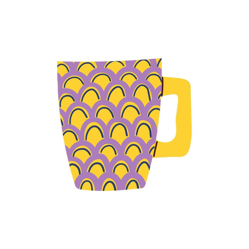 Tea or coffee vintage cup illustration. Cartoon vintage teacup for afternoon tea ceremony party or breakfast, retro flower, leaf, stripes hand drawn pattern on cup and mug vector