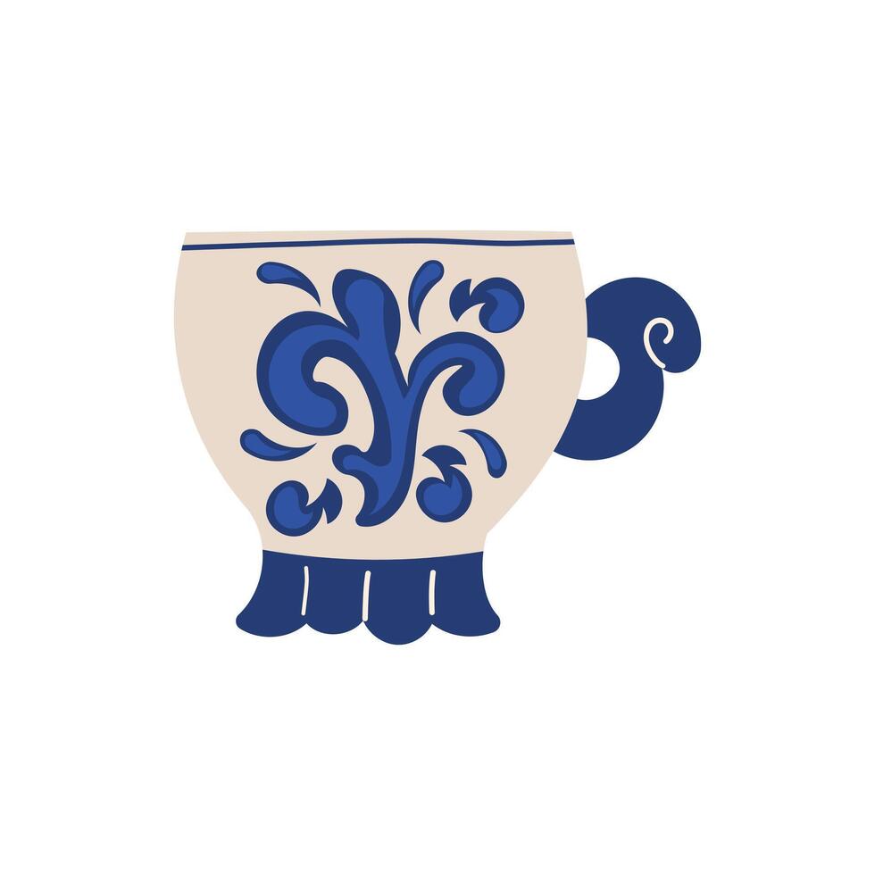 Cartoon vintage teacup for afternoon tea ceremony party or breakfast, retro flower, leaf, stripes hand drawn pattern on cup and mug . vector