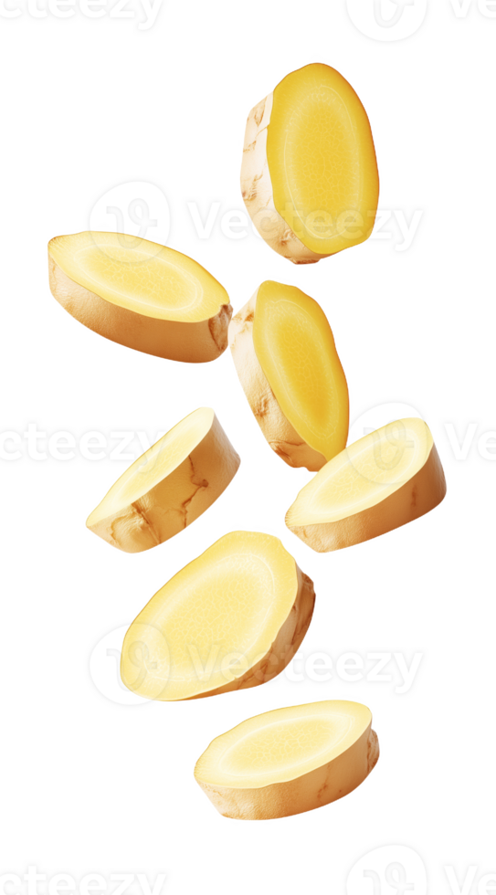 Ginger slices gracefully hover in mid-air, capturing the essence of culinary creativity png