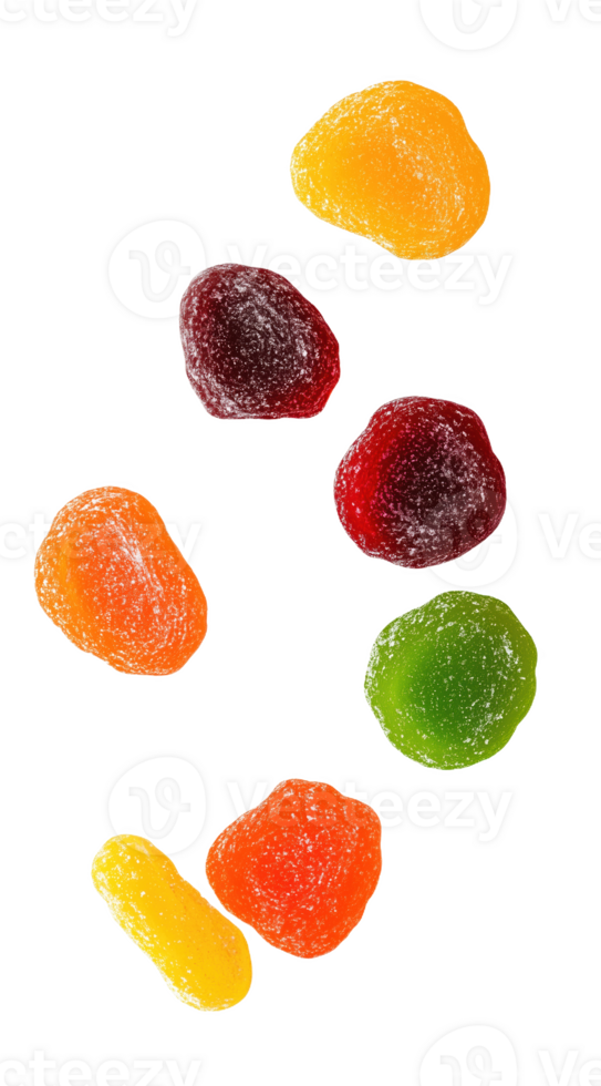 Colorful assortment of dried fruits arranged in a vibrant display on a clean surface png