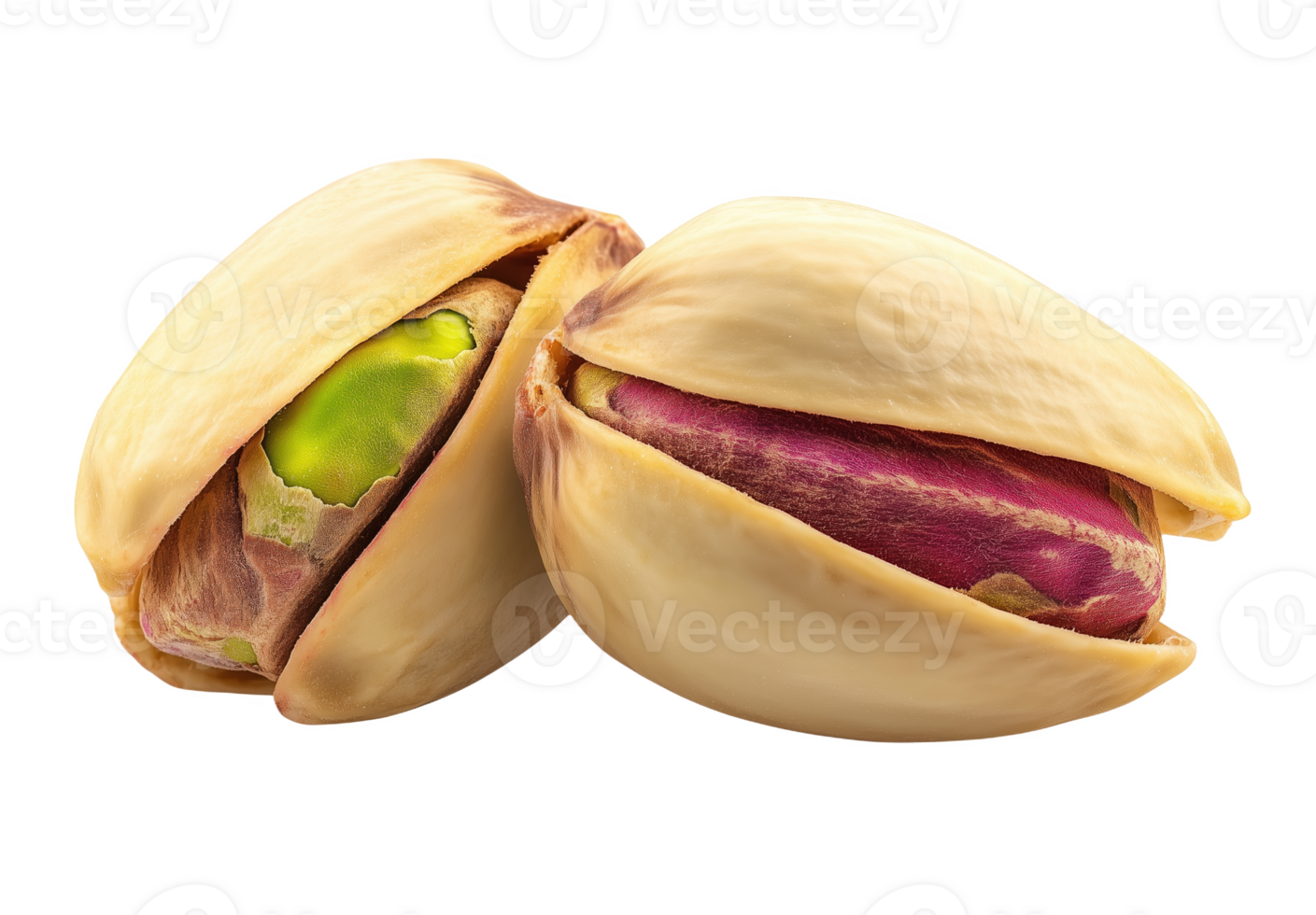 Two vibrant pistachio nuts in their natural shells showcasing their rich colors png