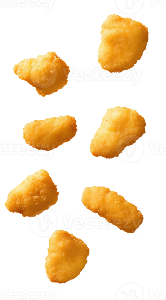 Flying chicken nuggets frolic in mid-air against a crisp backdrop png