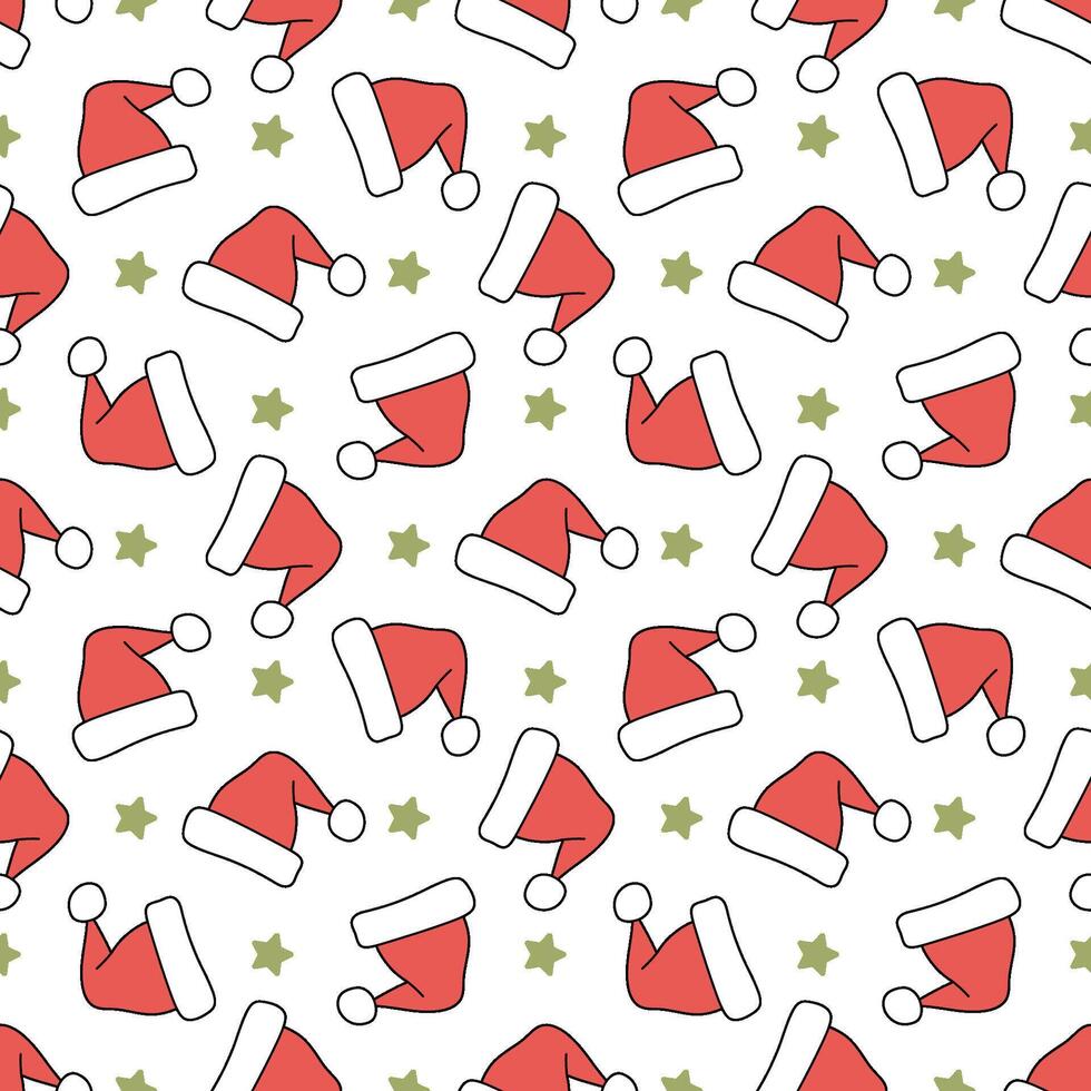 Seamless doodle pattern with Santa Claus hats and stars. Christmas background vector