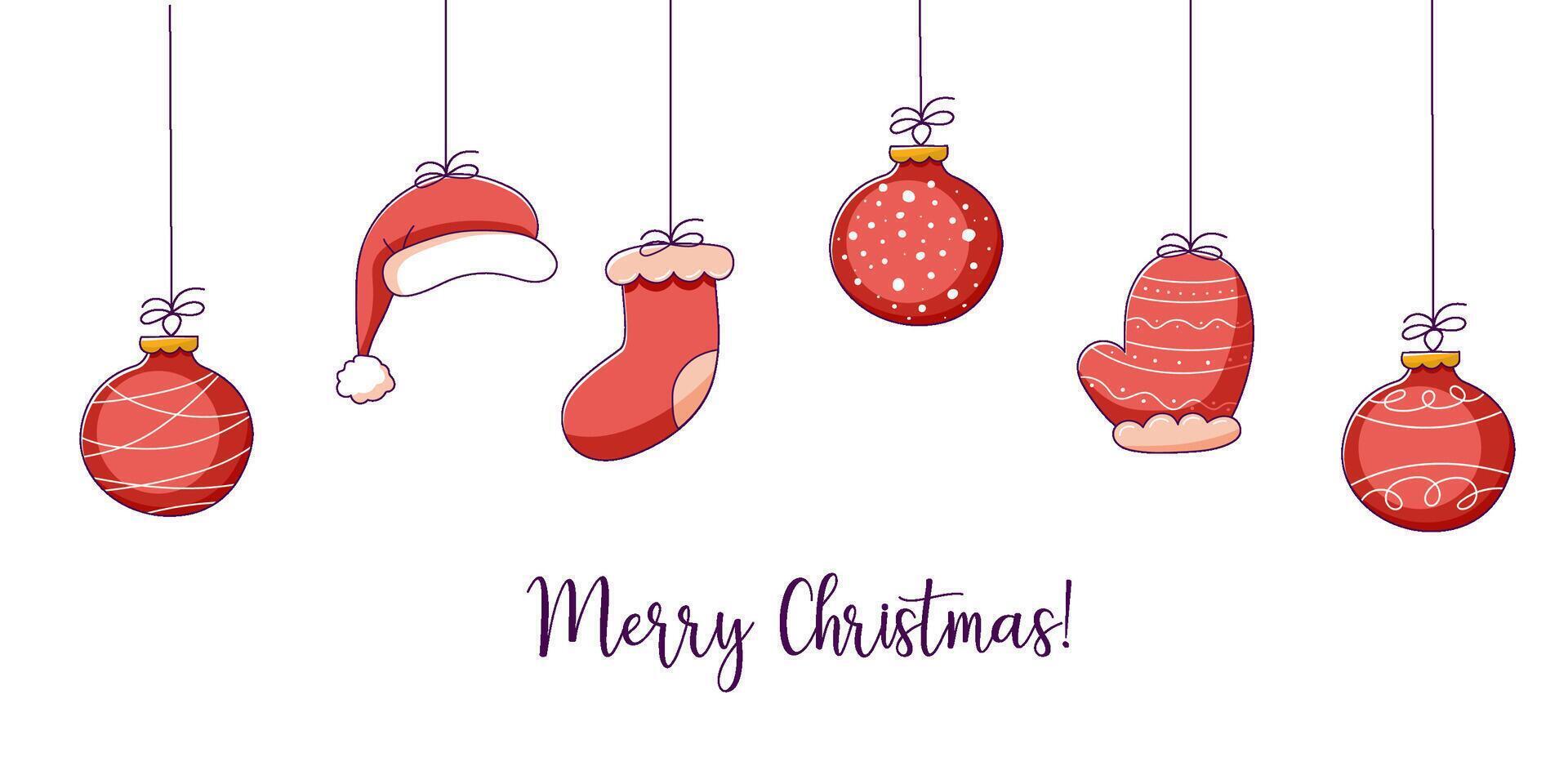 Christmas banner or background with space for text and Christmas tree doodle toys, trinkets decorations vector