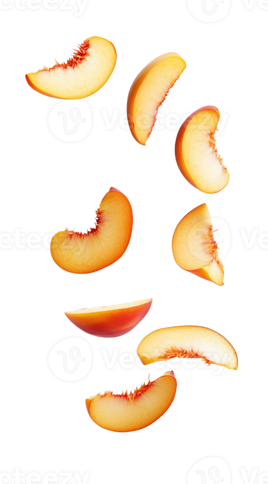 Dynamic choreography of sliced peaches soaring through the air in a whimsical display png