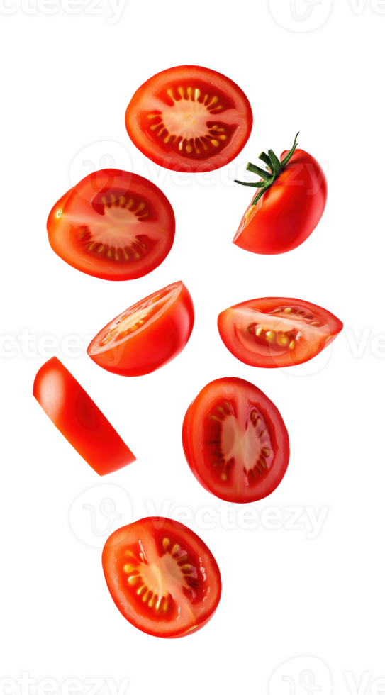 Sliced tomatoes gracefully soar through the air, capturing a vibrant culinary moment png