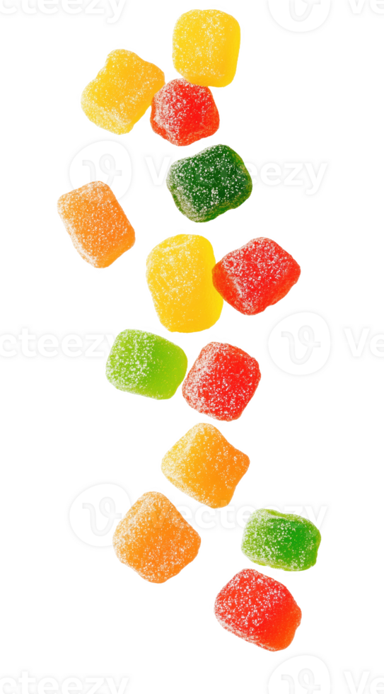 Colorful candy gummies cascading from above in a delightful sugary descent png