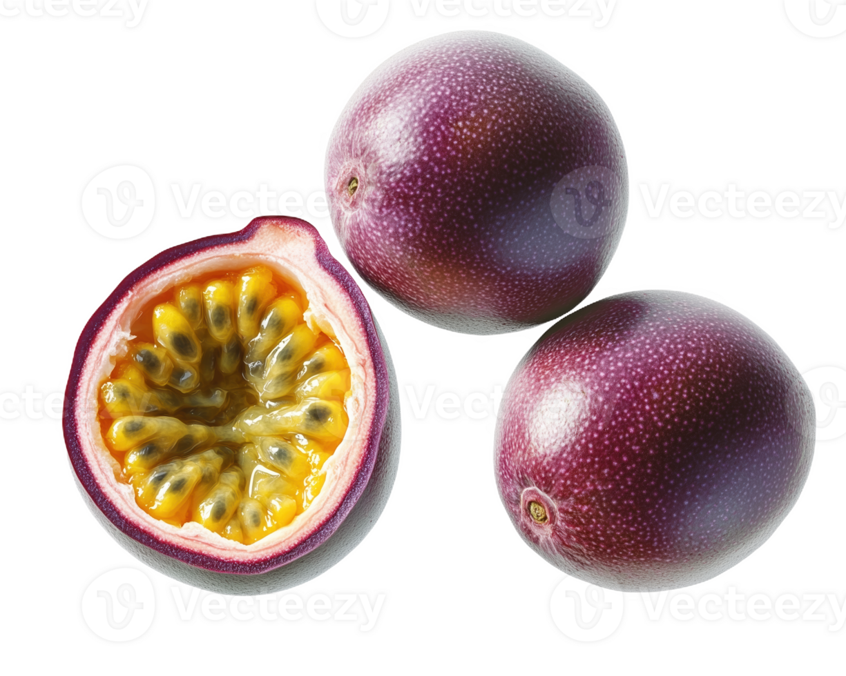 Bright passion fruit cut open, showcasing juicy seeds and pulp png