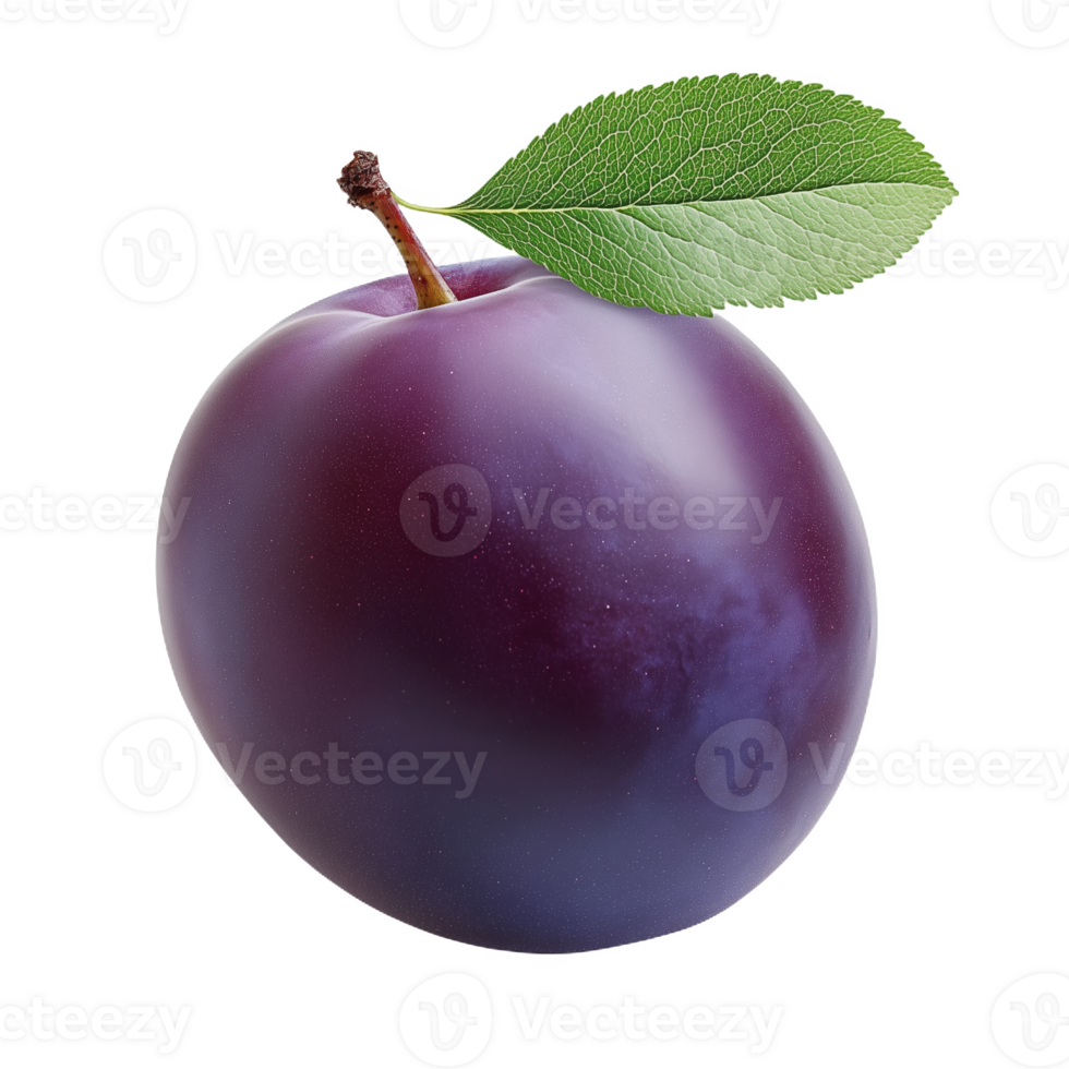 A solitary purple plum with vibrant green leaf resting elegantly png