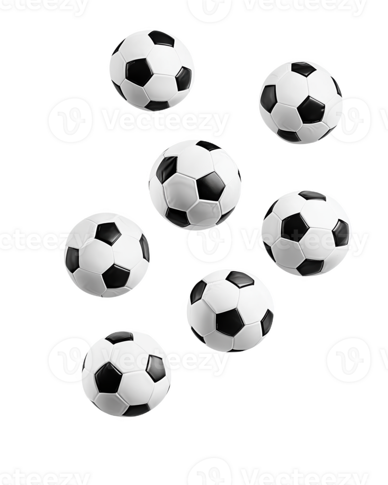 A whimsical array of black and white soccer balls floating playfully in mid-air png