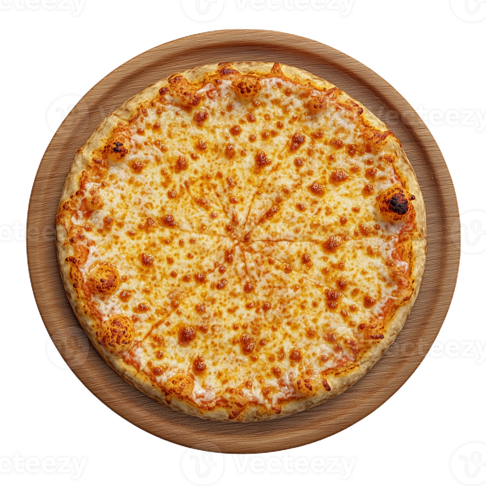 Aerial view of a delicious cheese pizza resting on a rustic wooden board png