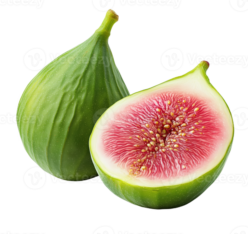 Fresh green fig halved revealing vibrant pink interior and unique texture png