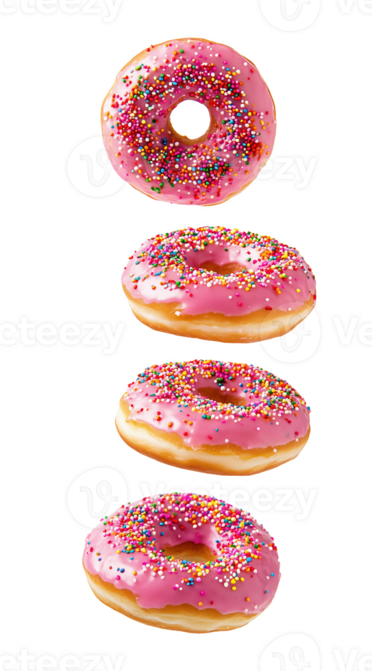 Delightful pink doughnuts topped with colorful sprinkles floating in the air png