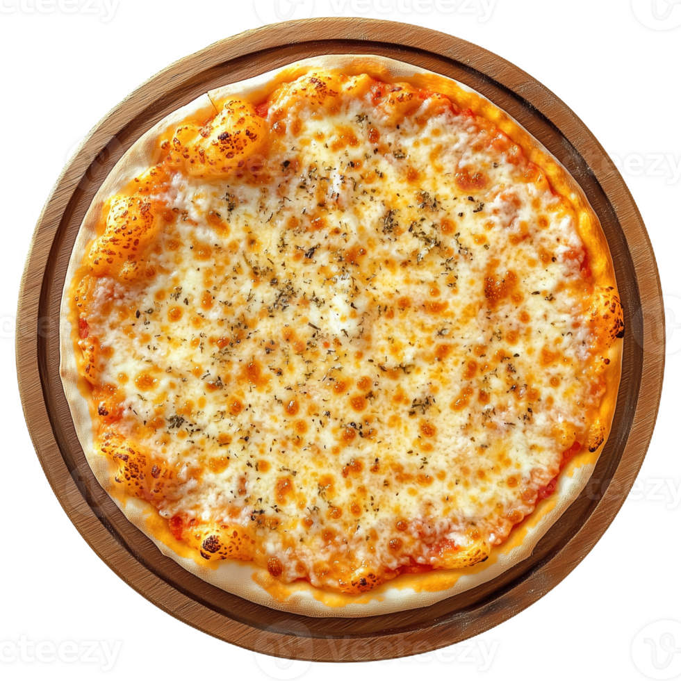 Delicious round cheese pizza served on a wooden board ready to be enjoyed at dinner png