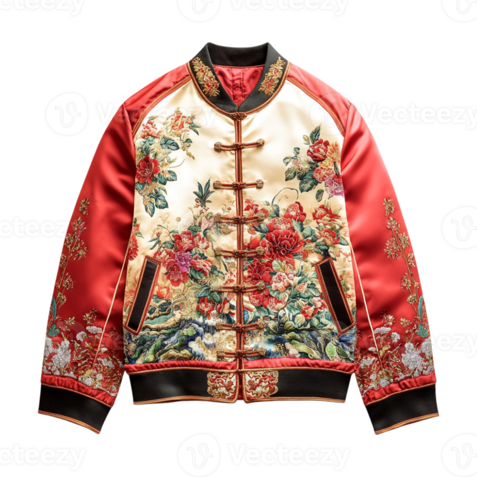 A red and gold jacket with floral print png