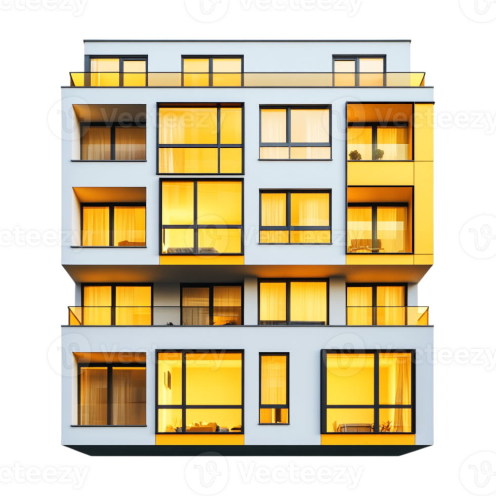 A modern apartment building with windows lit up at night png
