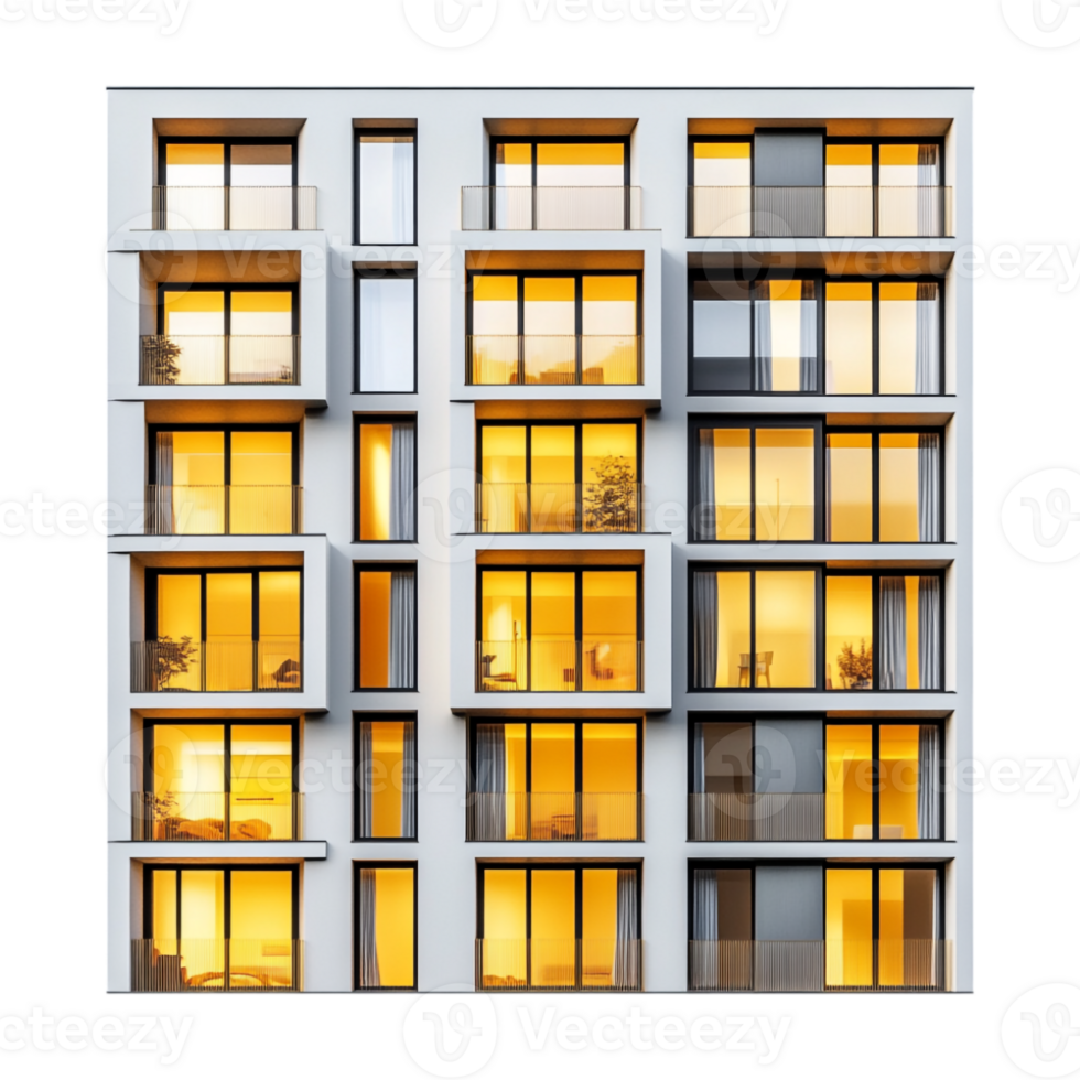 Modern apartment building with windows lit up at night png