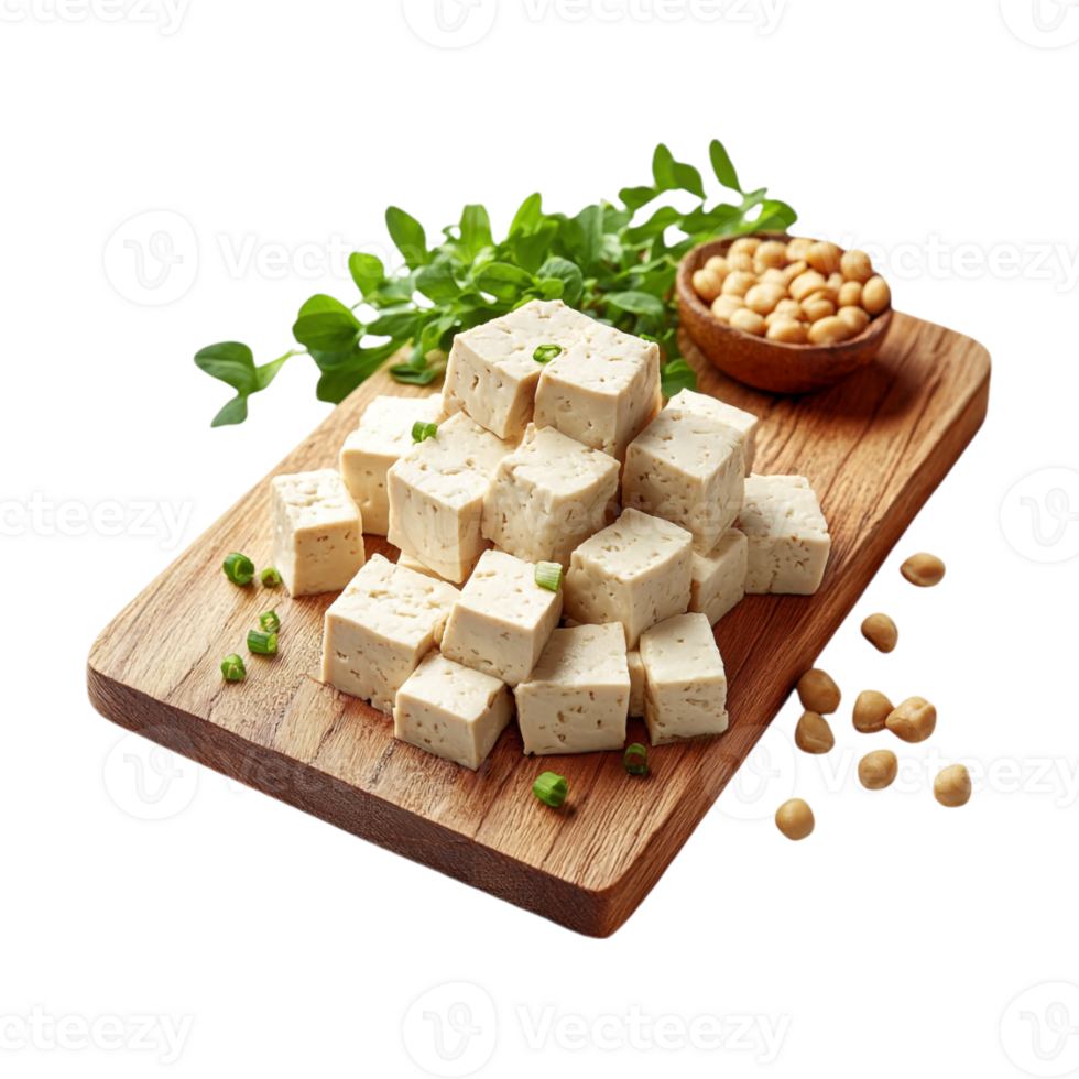Soy tofu cubes on a cutting board with green herbs png