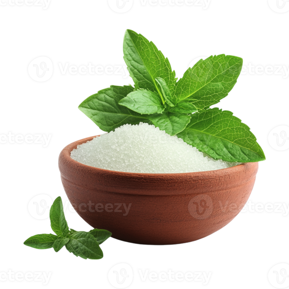 A bowl of sugar and a sprig of mint png