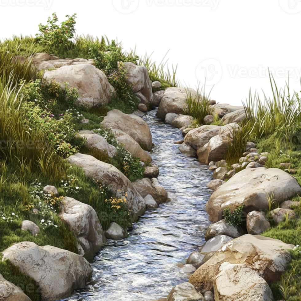 A stream runs through a grassy field with rocks and grass png
