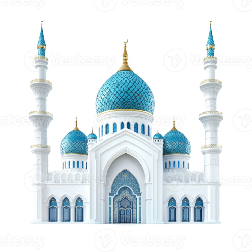 A white mosque with blue domes and a blue dome png
