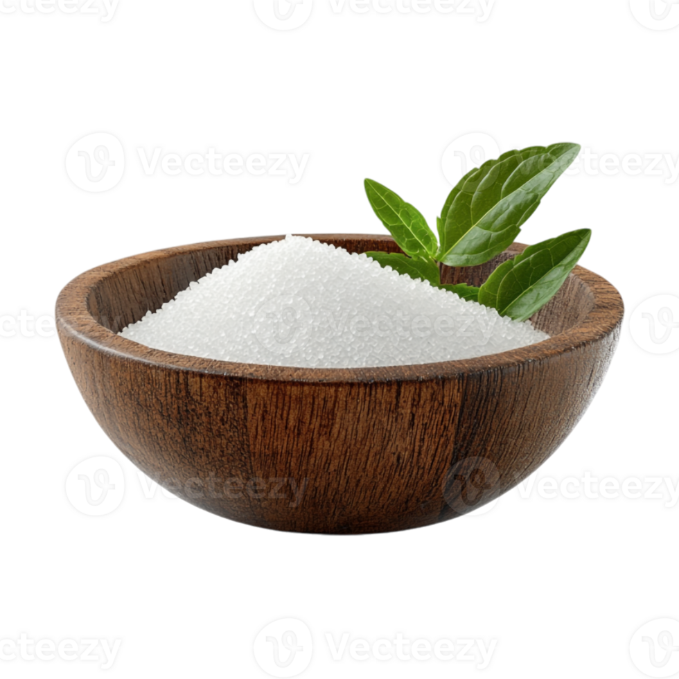 A wooden bowl filled with sugar and a leaf png