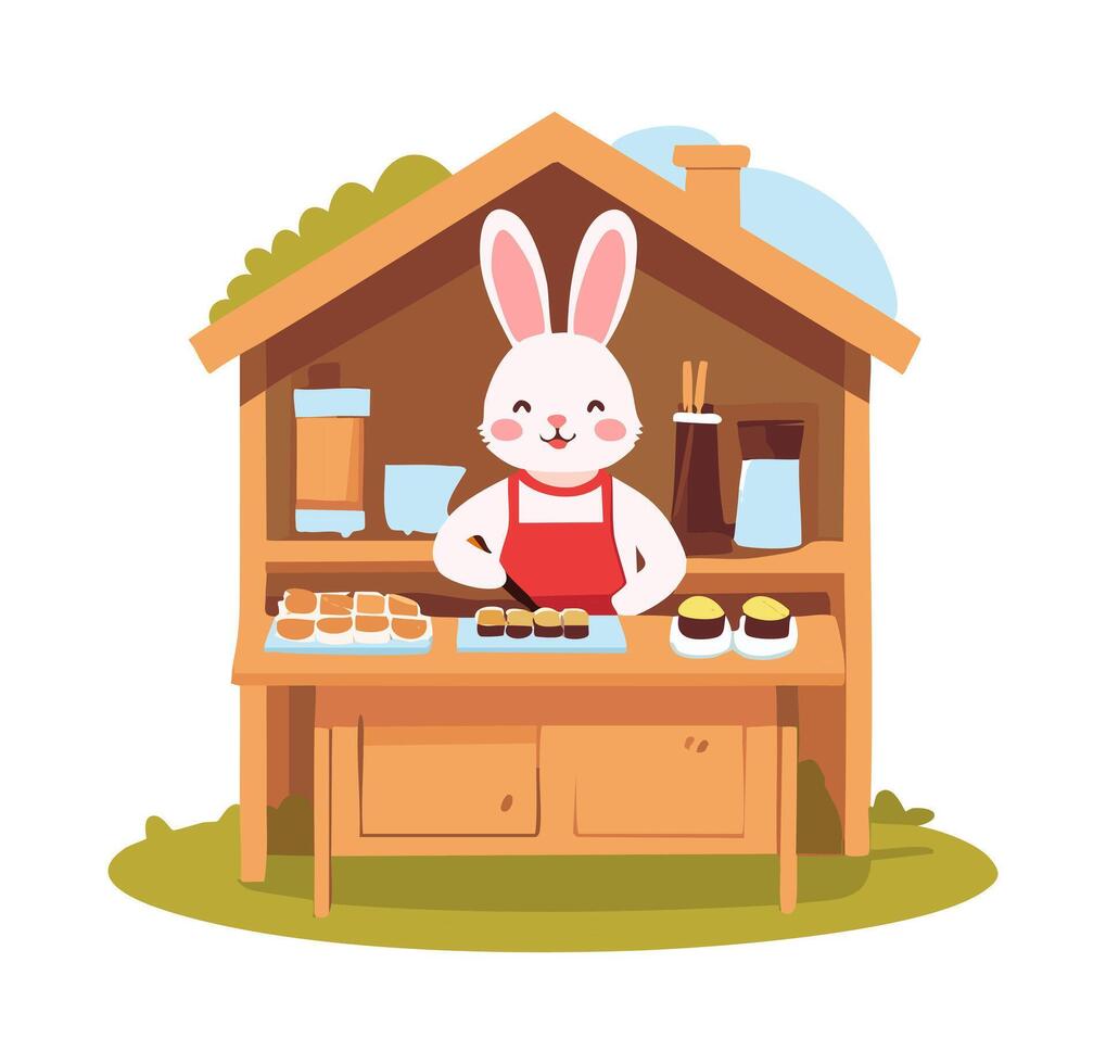 Bunny chef preparing sushi in a tiny kitchen vector