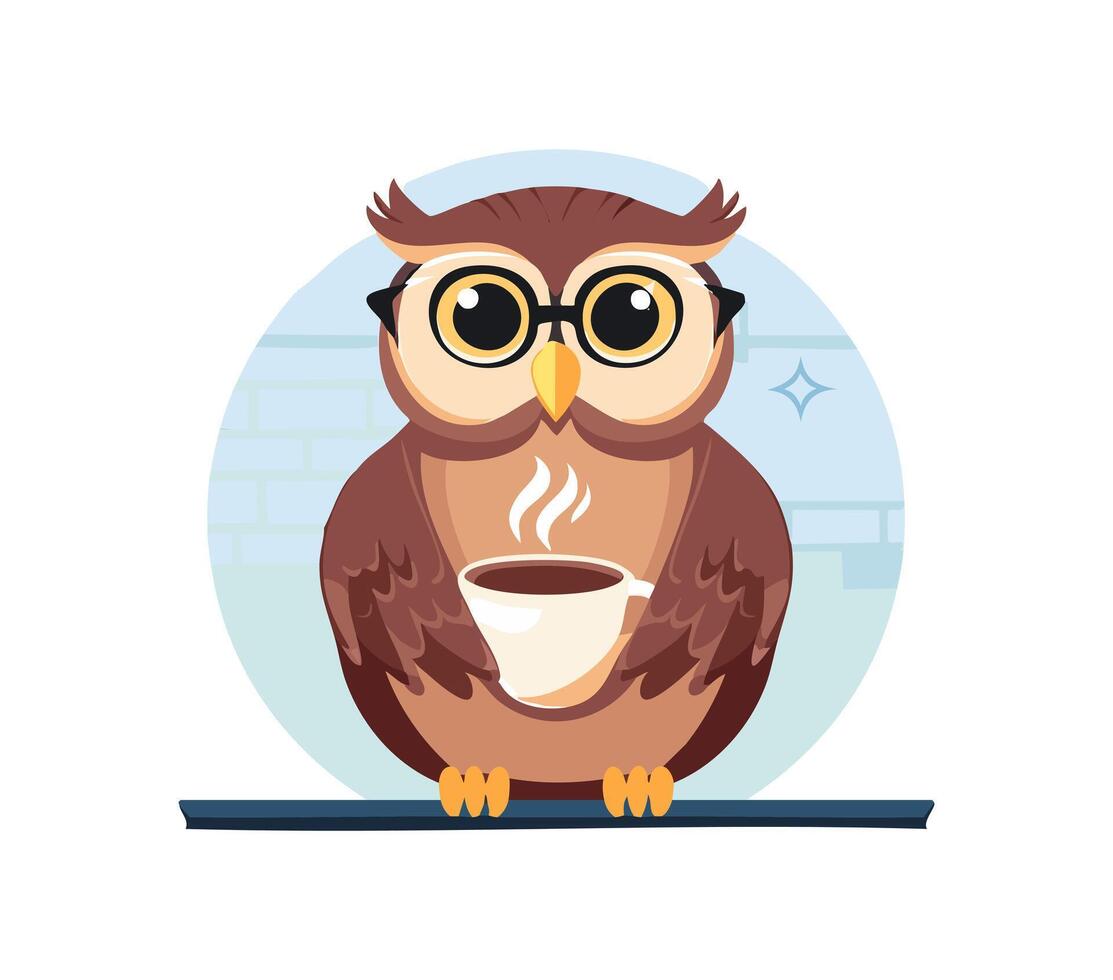 owl sipping coffee in a cozy cafee vector