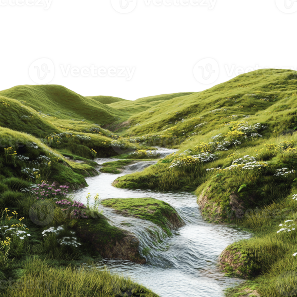 A stream runs through a grassy field png