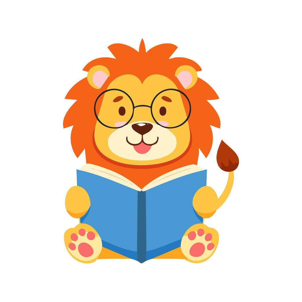 lion wearing glasses and reading a book vector
