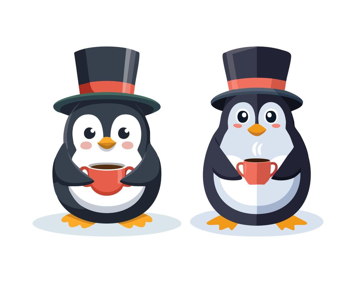 Penguin in a top hat sipping tea vector