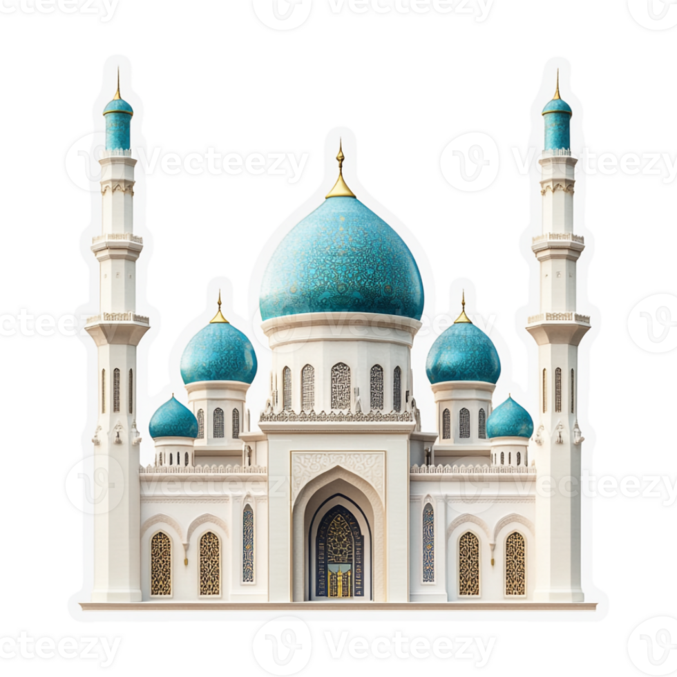 A white mosque with blue domes sticker png