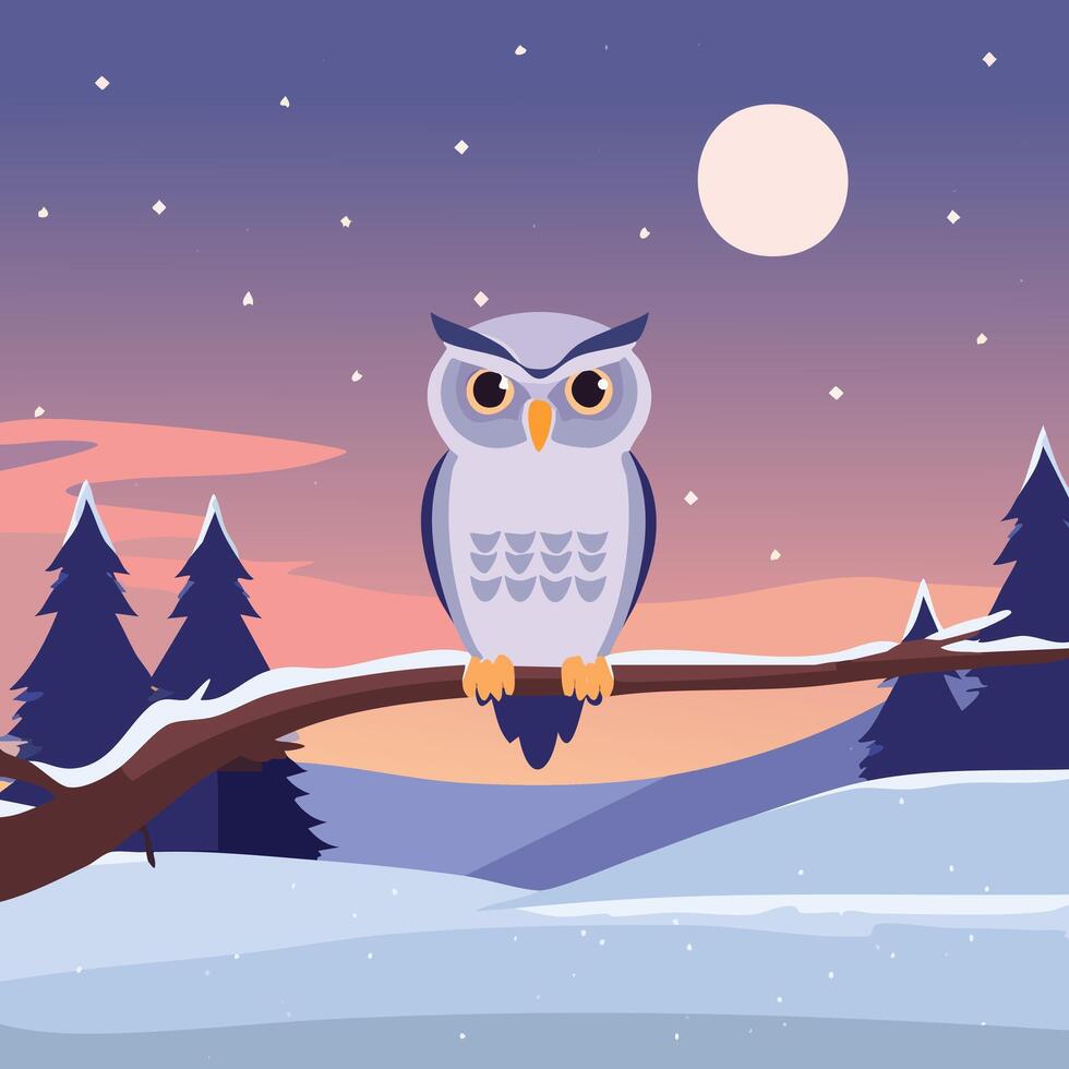 Owl Perched on a Tree Branch in the Snowy Twilight vector