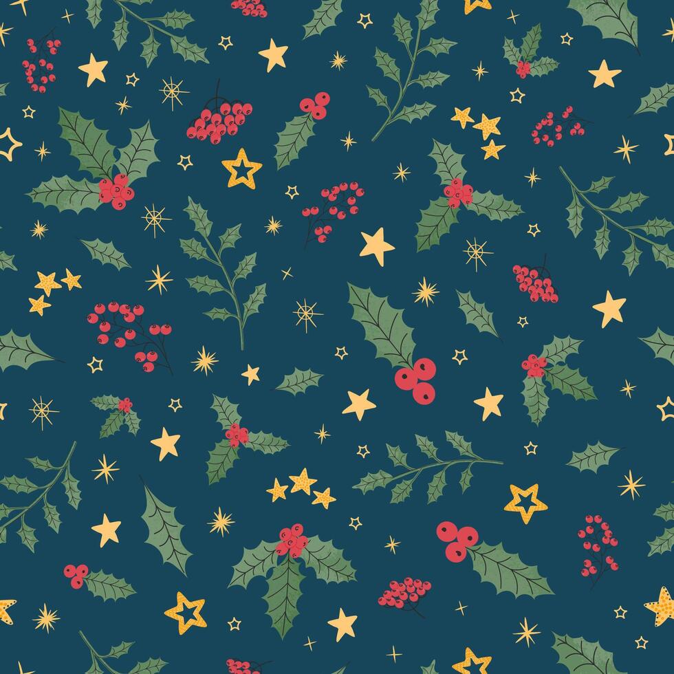 Modern seamless pattern with colorful hand draw illustration of Christmas decorations holly vector