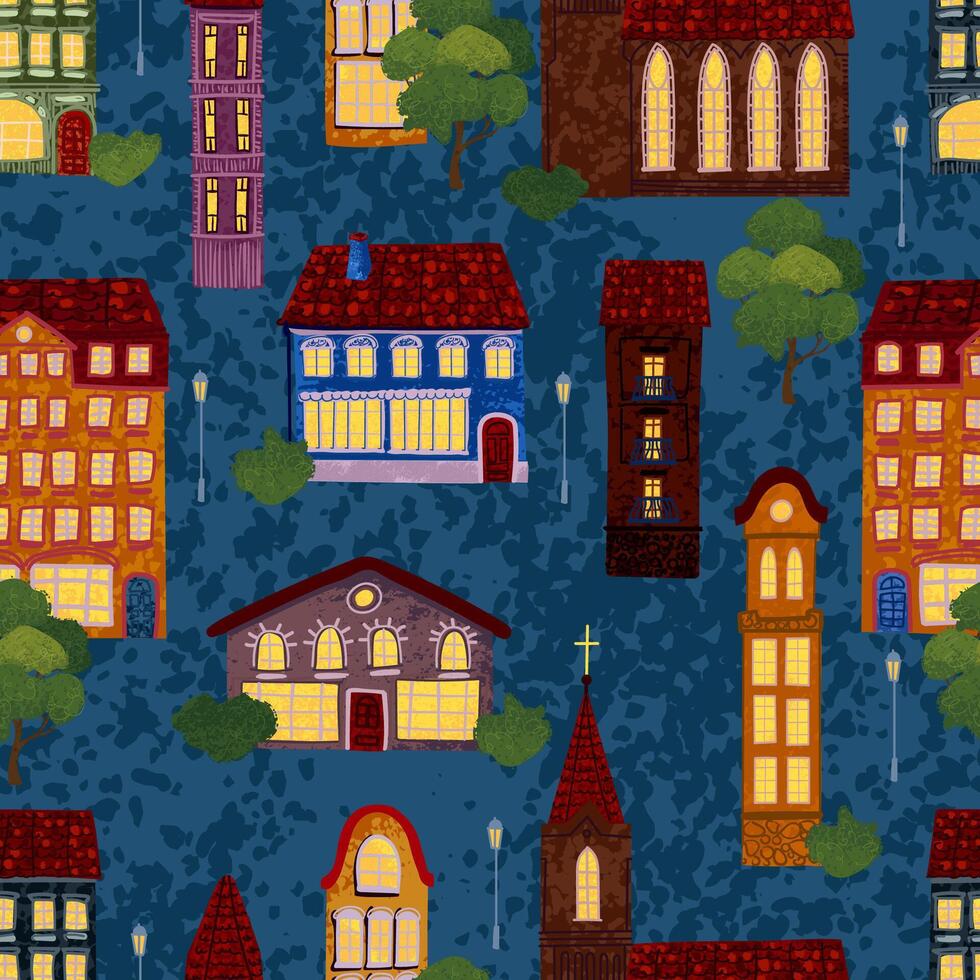 Seamless Background with Colorful Textured Illustration of Night City. Use it for Wallpaper, Textile Print, Pattern Fills, Web Page, Surface Textures, Wrapping Paper, Design of Presentation vector