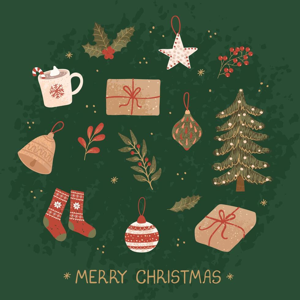 christmas greeting card with hand drawn doodle illustrations of christmas objects. Use it as invitation, greeting card, poster, banner, flyer, cover, placard, brochure and other graphic design vector