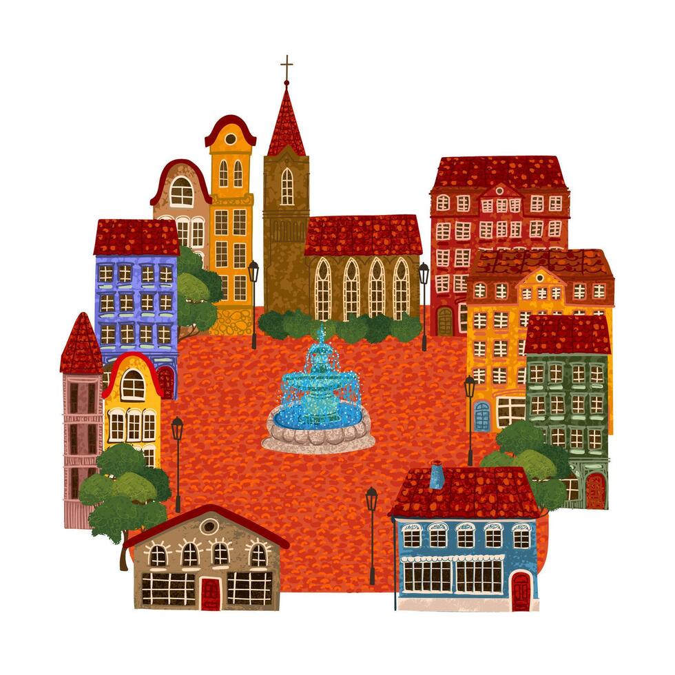 Colorful Textured Illustration of City Square with Fountain Isolated on White Background vector