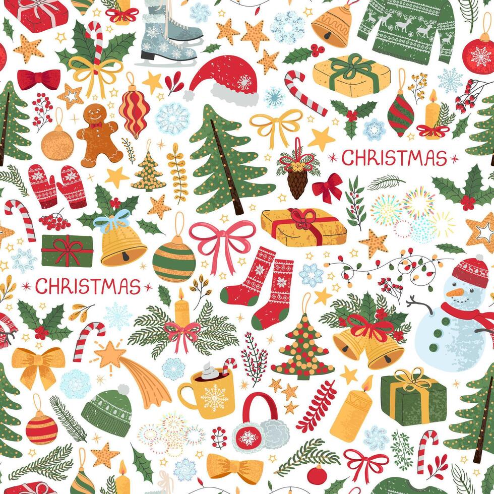 seamless pattern with colorful illustrations of Christmas items. Use it for textile print, pattern fills, web page, wrapping paper, design of presentation and other graphic design vector