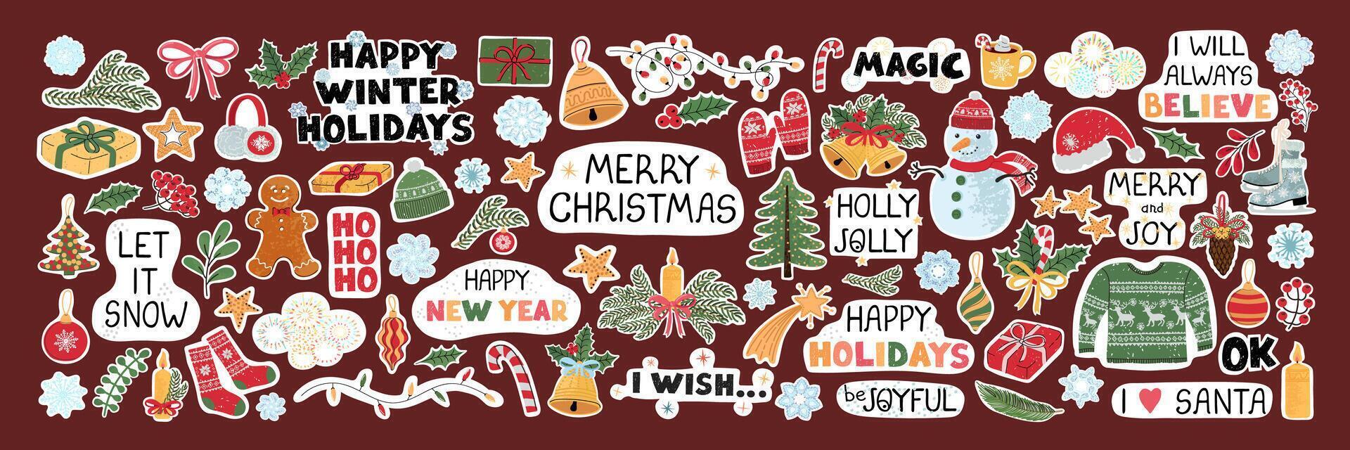modern colorful set with hand drawn doodle illustrations of christmas objects and lettering, stickers. Use it as elements for design greeting cards , poster, card, packaging paper design vector