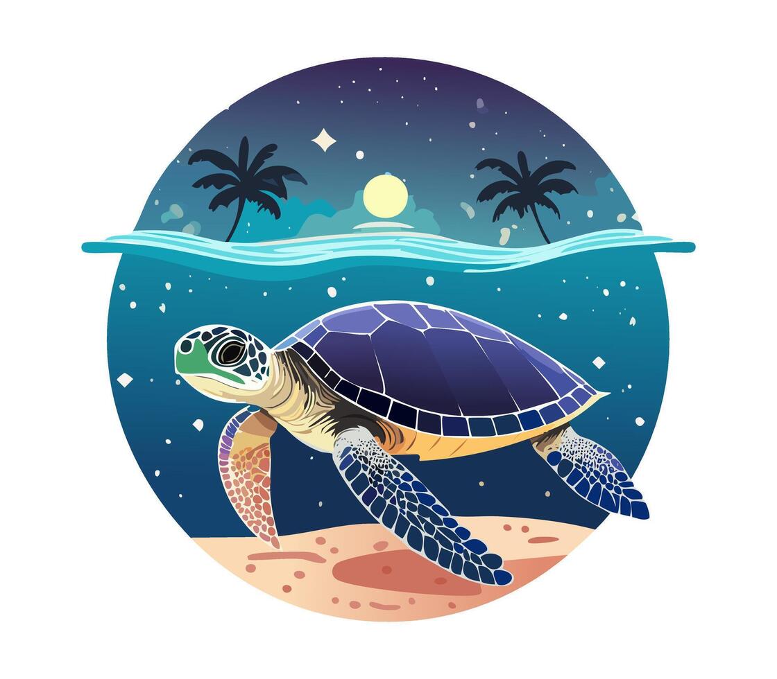 Turtle Swimming Beneath a Bioluminescent Ocean Shore vector