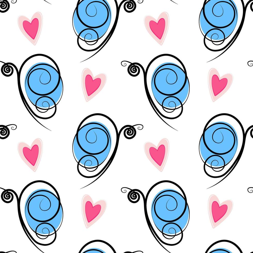 Stylized Butterflies with blue wings and decorative hearts in trendy soft pink Seamless pattern. Isolated illustration Wrapping or web promo backdrop, cards, leaflets, banner, greeting, label vector