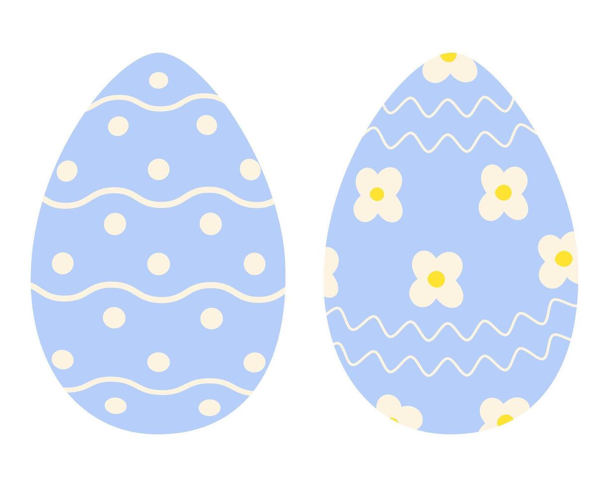 Easter Eggs in trendy soft blue Patterned Flowers, wavy lines and dots. Easter greeting element idea. Set 2 Isolated Illustration Sticker, Icon, or cards, poster, banner, price, label, booklet vector