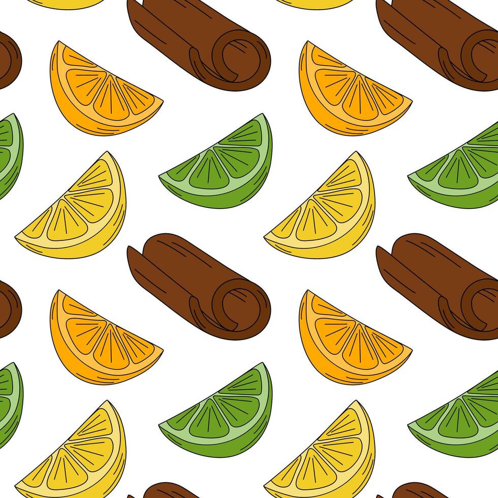 Lemon and lime slices, Cinnamon stick Citrus fruit Pop Art Seamless Pattern. Background texture idea. Isolated illustration Wrapping or web, posters, banners, brochures, cards, price tag, label vector