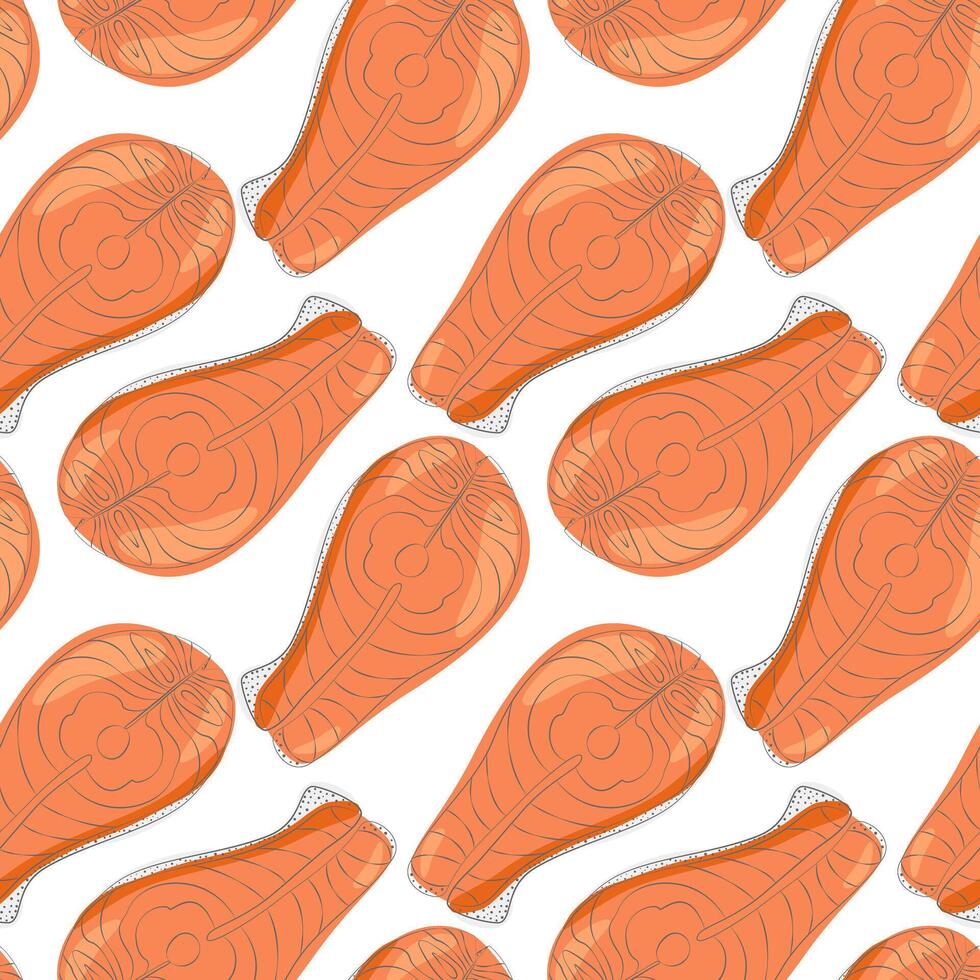 Salmon steak Seamless pattern in trendy doodle style. Healthy food Day background or wallpaper idea. Isolated illustration wrapping or web promo, packing, thematic cards or price tag, labels vector