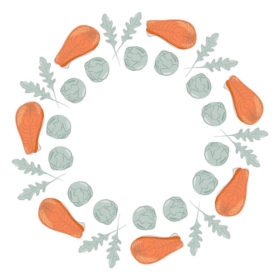 Salmon steak, arugula and Brussels sprout Round Frame border in trendy soft colors Healthy Food fond. Copy space. Isolated illustration Thematic card, banner, leaflet, price, label or web promo vector