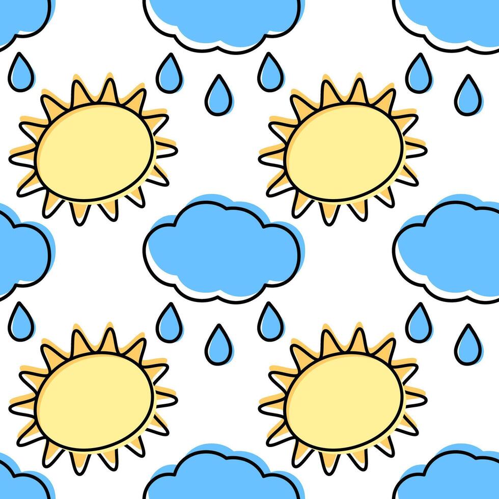 Outline Sun with rays and Cloud with drops filled not along contour Seamless pattern Seasonal fond. Isolated illustration Wrapping, wallpaper or web promo, thematic cards, banner, leaflet, tags vector